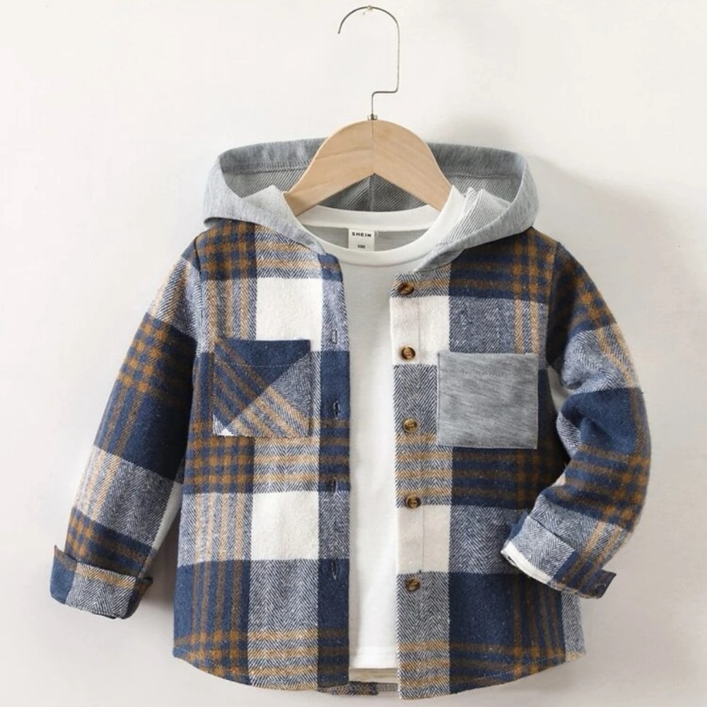 SHEIN Toddler Boys Plaid Print Hooded Coat Without Tee